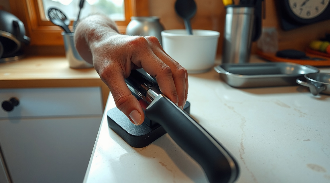 Aiguiseur manuel de cuisine avec couteau en train d'être affûté