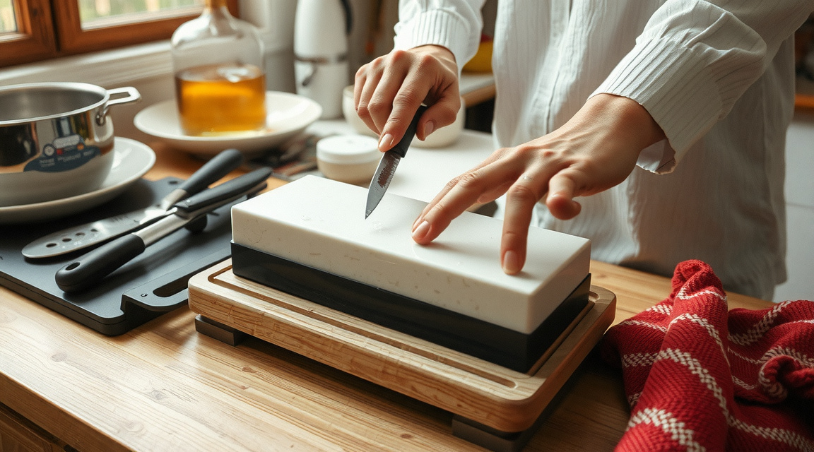 Personne aiguisant un couteau de cuisine sur une pierre à eau traditionnelle