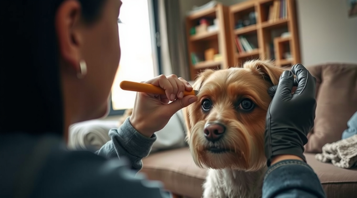 Personne brossant un chien à poils courts avec un gant de toilettage dans un salon